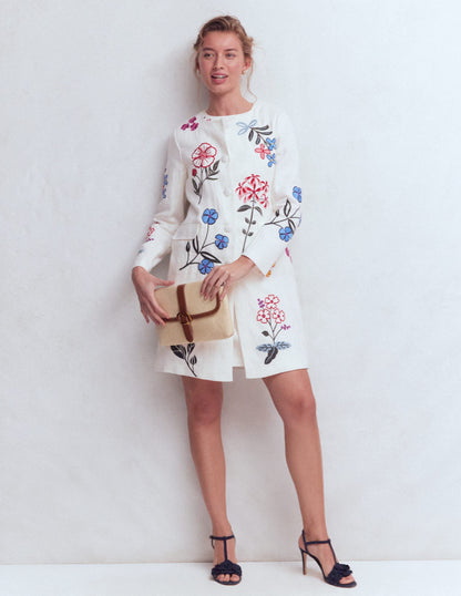 Embroidered Linen Coat-Ivory Embroidered