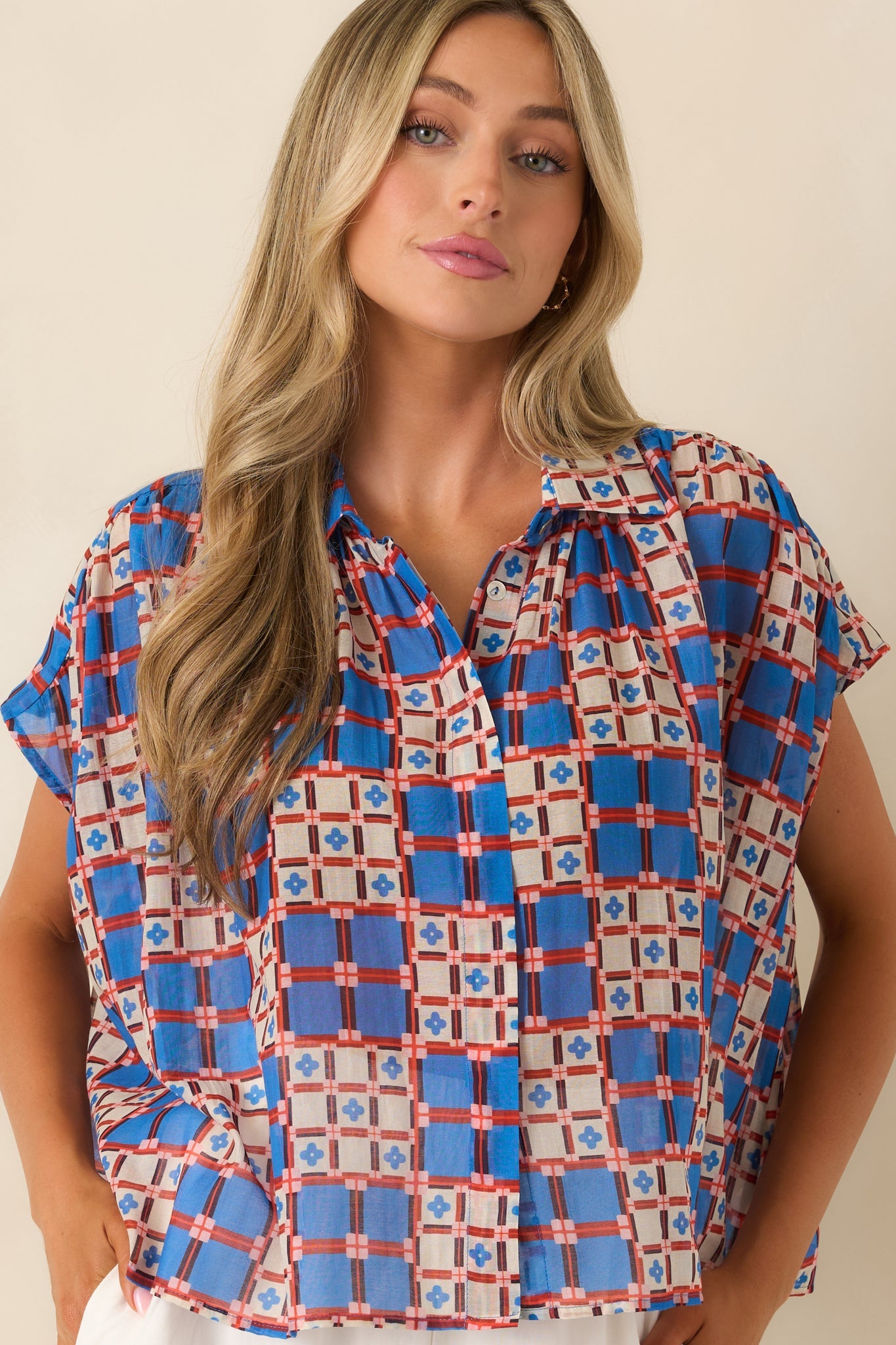 FRNCH Chrysocolle Blue Multi Cotton Silk Blend Tile Print Blouse