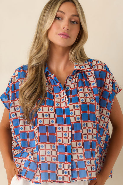 FRNCH Chrysocolle Blue Multi Cotton Silk Blend Tile Print Blouse