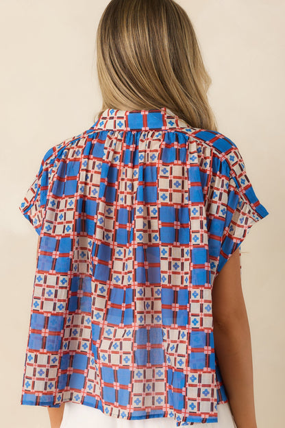 FRNCH Chrysocolle Blue Multi Cotton Silk Blend Tile Print Blouse