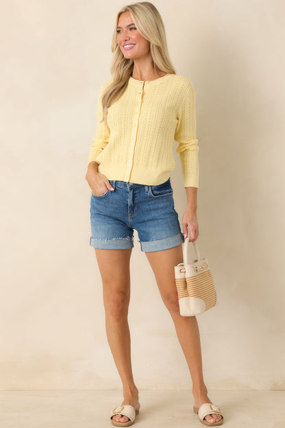 Hello Sunshine Butter Yellow Pointelle Knit Cardigan
