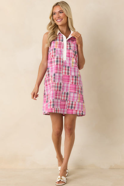 Days Gone By Pink Multi Madras Patchwork Cotton Mini Dress