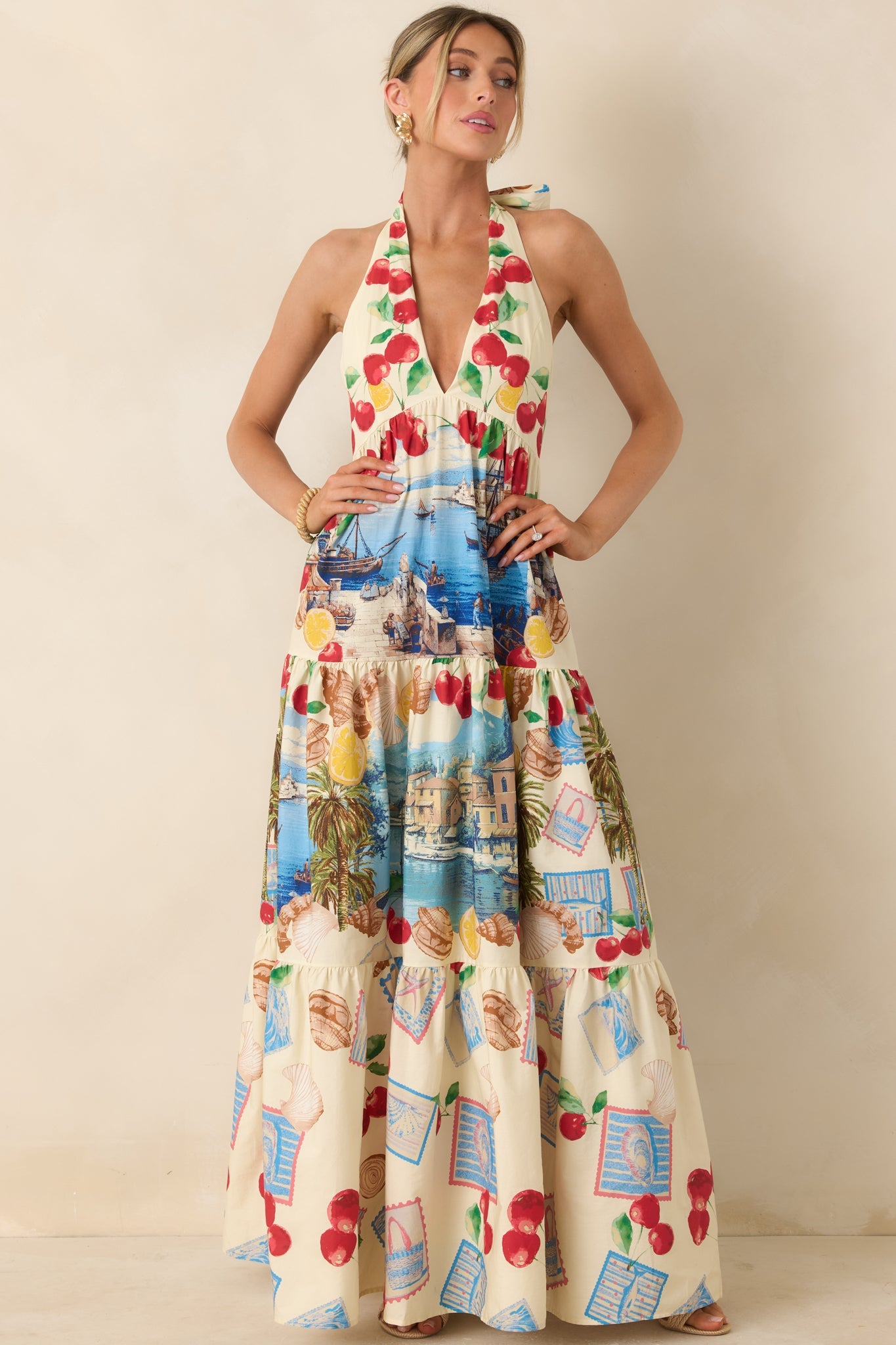 Market to Marina Ivory Multi Coastal Print Cotton Halter Maxi Dress