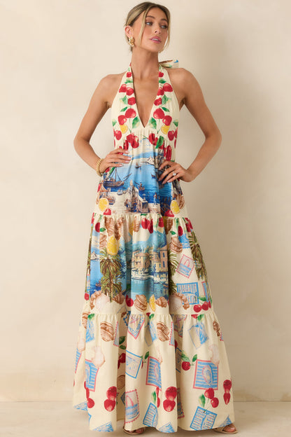 Market to Marina Ivory Multi Coastal Print Cotton Halter Maxi Dress