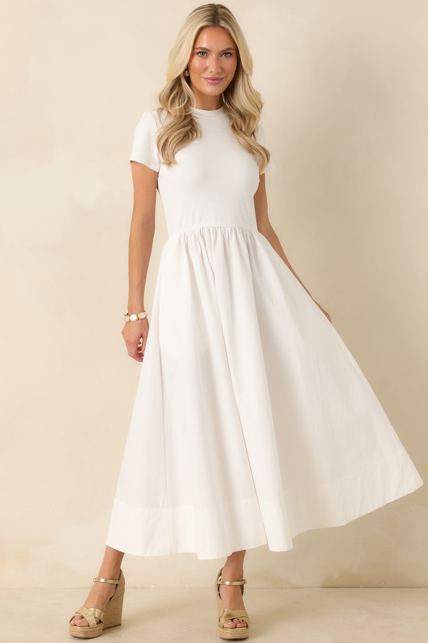 Prosperina Aria White Cotton Short Sleeve Midi Dress