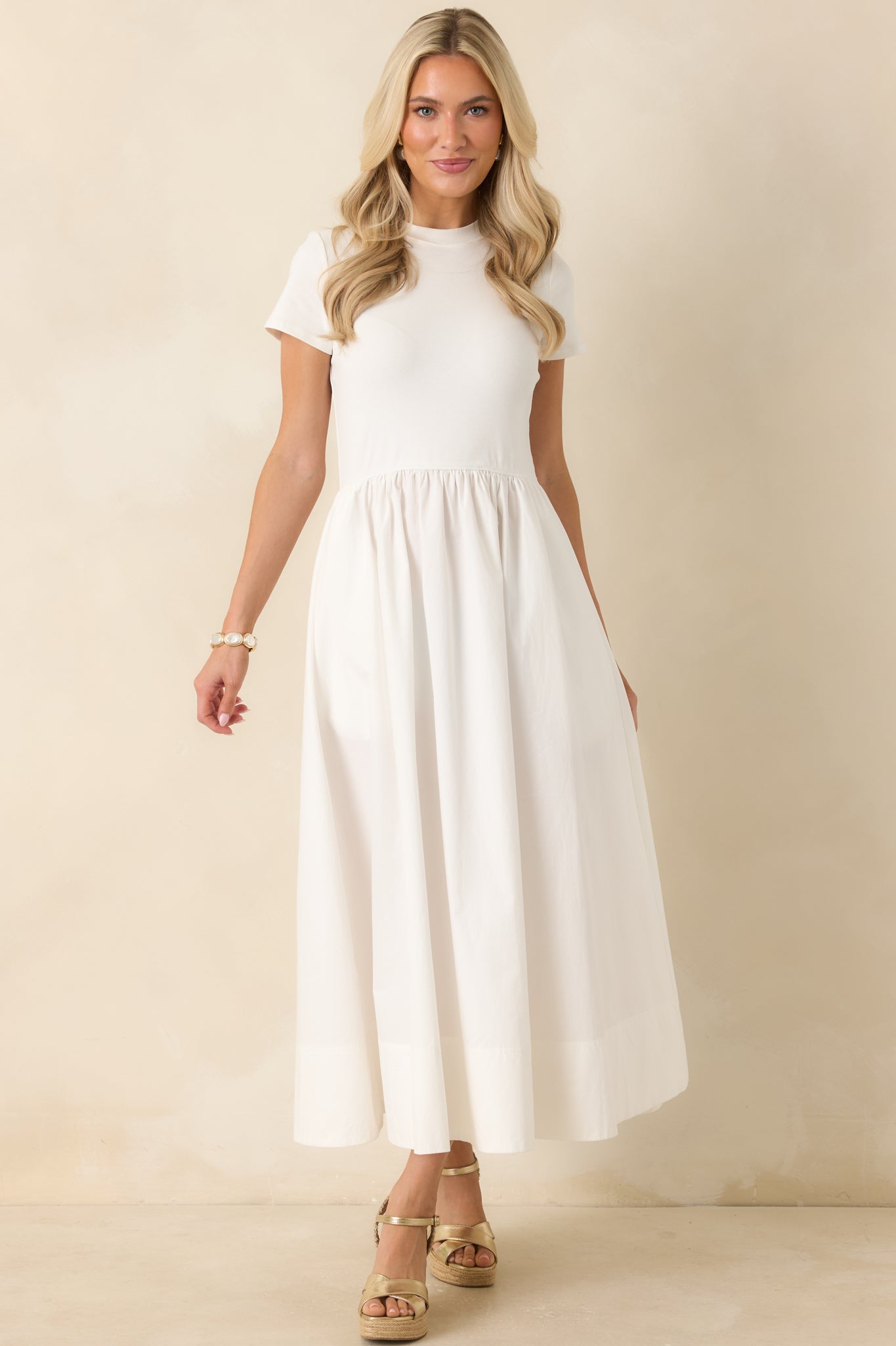 Prosperina Aria White Cotton Short Sleeve Midi Dress