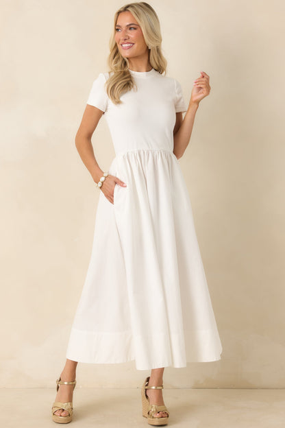 Prosperina Aria White Cotton Short Sleeve Midi Dress