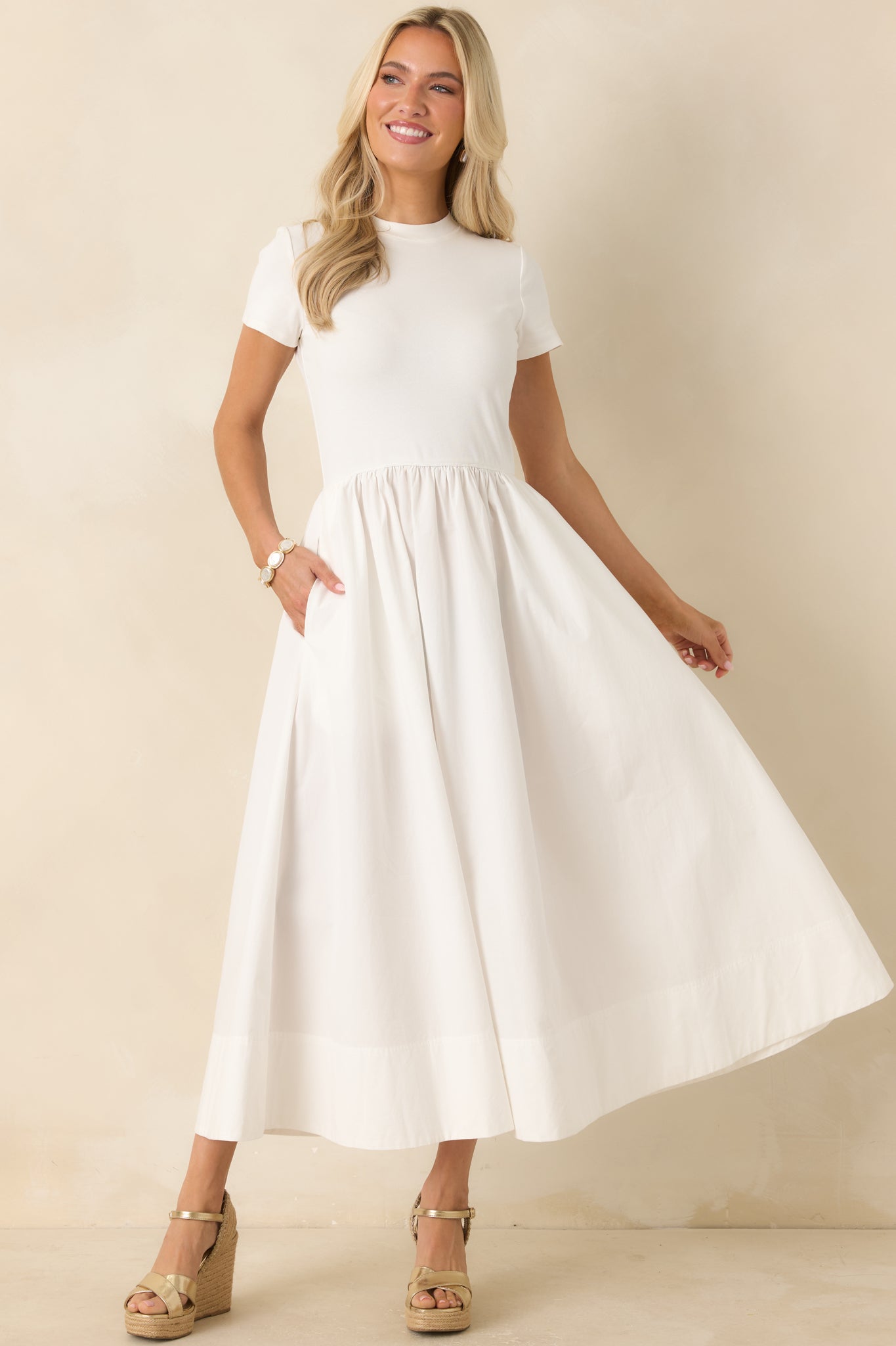 Prosperina Aria White Cotton Short Sleeve Midi Dress