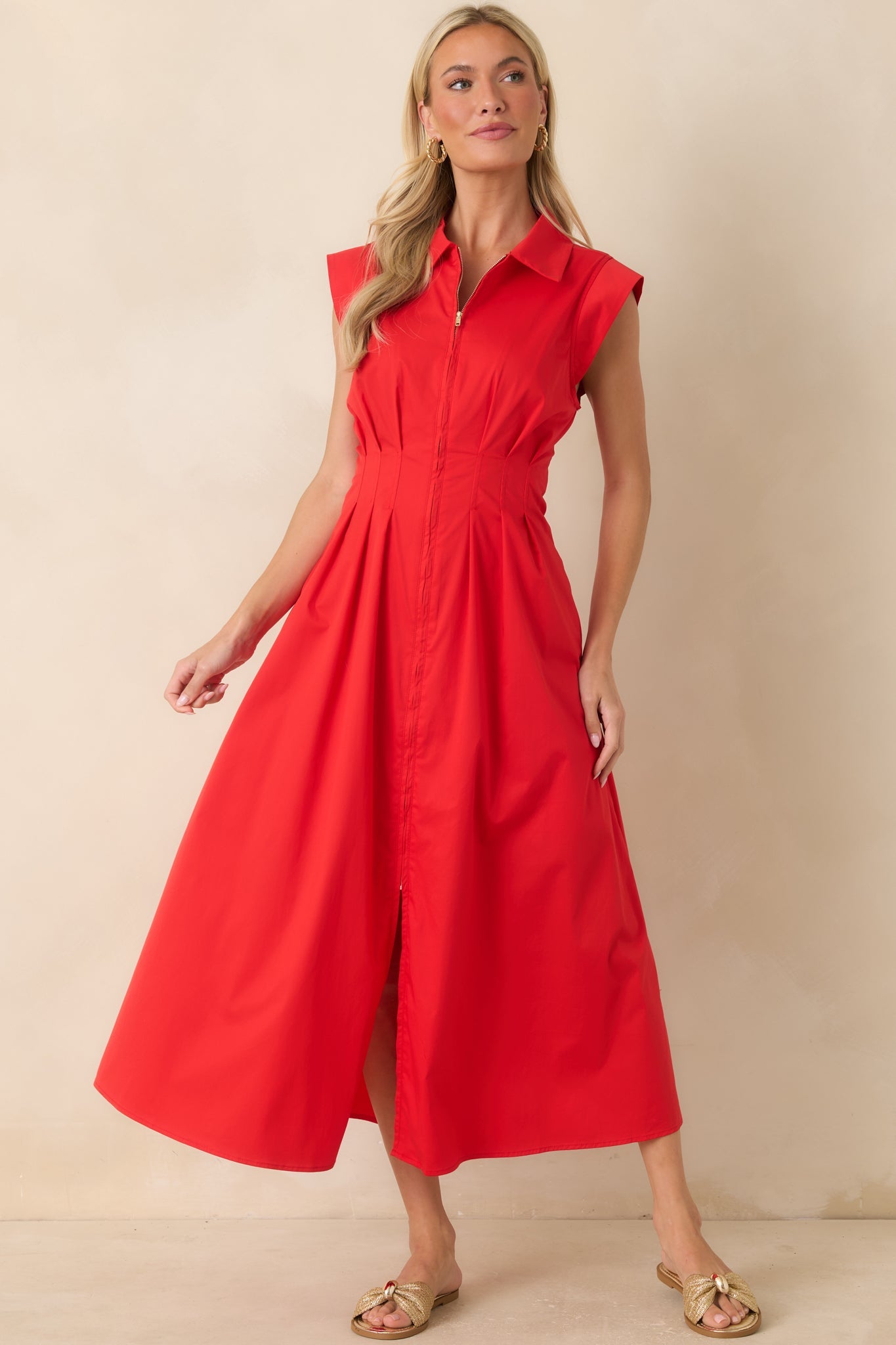 Meet Me Downtown Red Zip Front Midi Dress