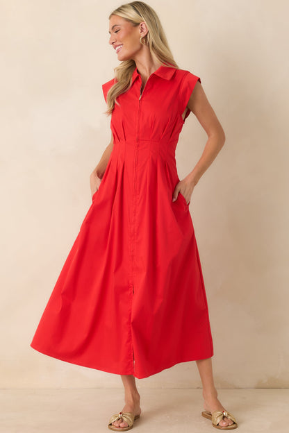 Meet Me Downtown Red Zip Front Midi Dress
