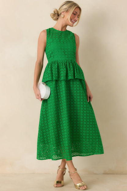 Worth A Closer Look Green Eyelet Peplum Midi Dress