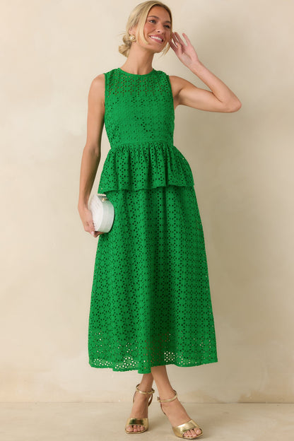 Worth A Closer Look Green Eyelet Peplum Midi Dress