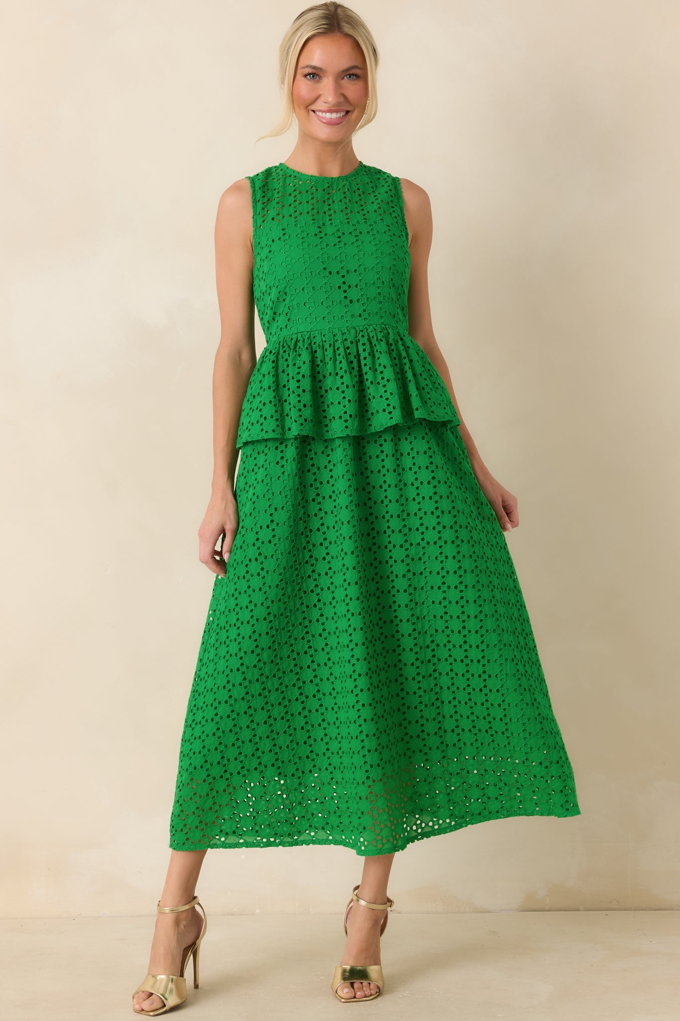 Worth A Closer Look Green Eyelet Peplum Midi Dress
