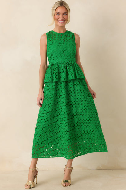 Worth A Closer Look Green Eyelet Peplum Midi Dress