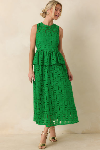 Worth A Closer Look Green Eyelet Peplum Midi Dress