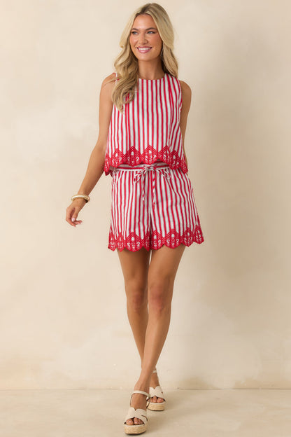 Sweet Liberty Red Multi Stripe Cotton Embroidered Scalloped Hem Shorts