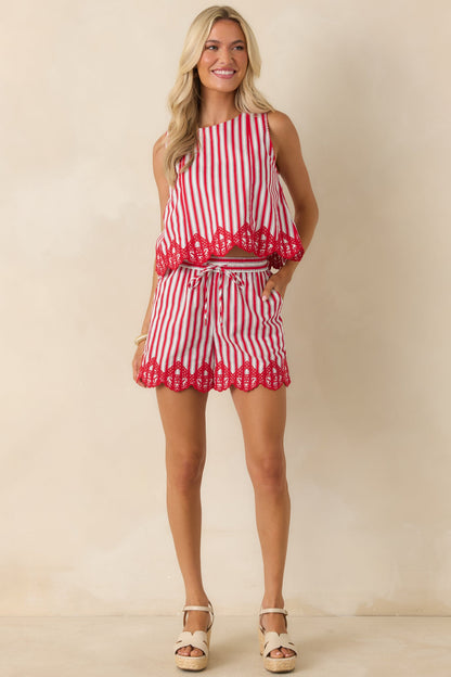 Sweet Liberty Red Multi Stripe Cotton Embroidered Scalloped Hem Shorts