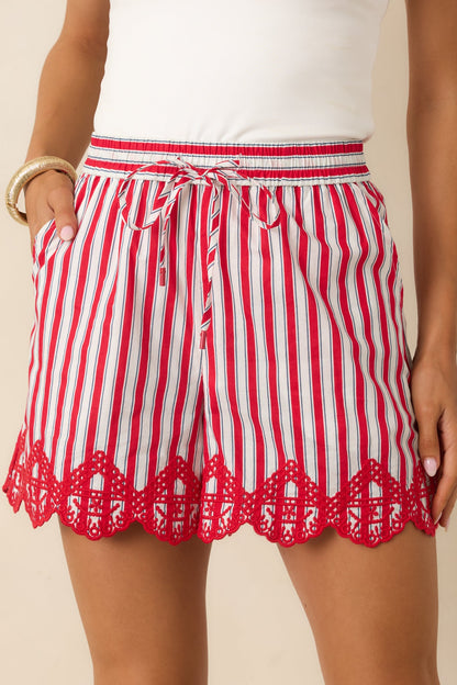 Sweet Liberty Red Multi Stripe Cotton Embroidered Scalloped Hem Shorts