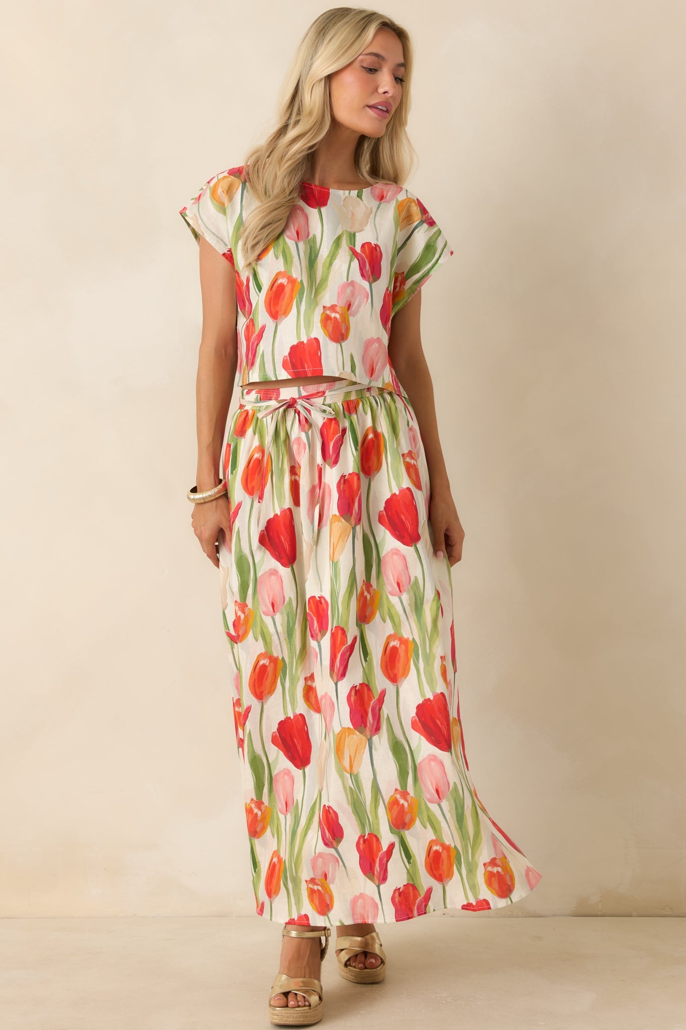 Garden District Ivory & Red Multi Linen Blend Floral Midi Skirt