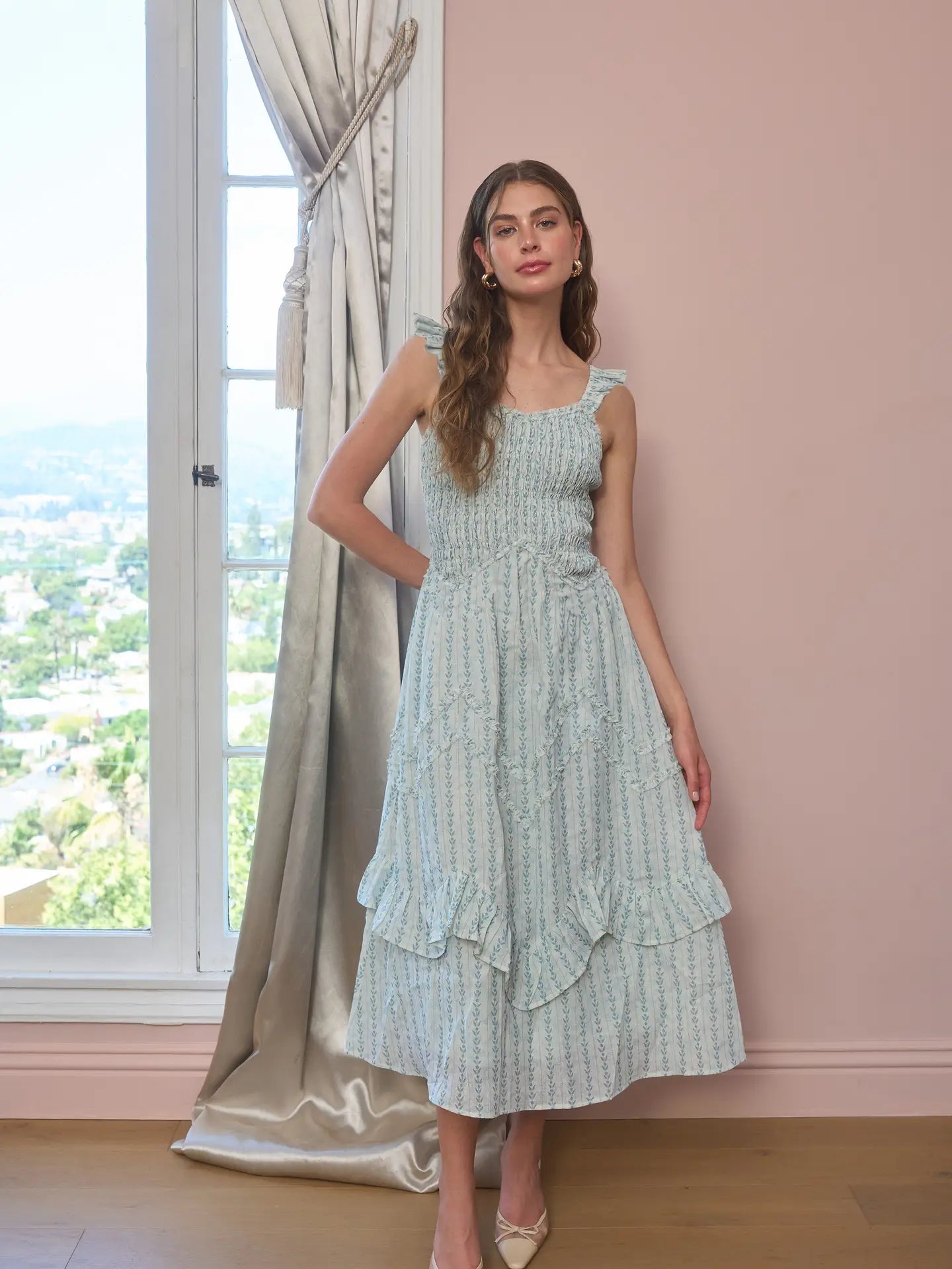 Smocked Ruffle Strap Midi Dress