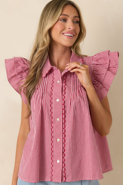Stroll With My Sweetheart Red Gingham Cotton Flutter Sleeve Blouse