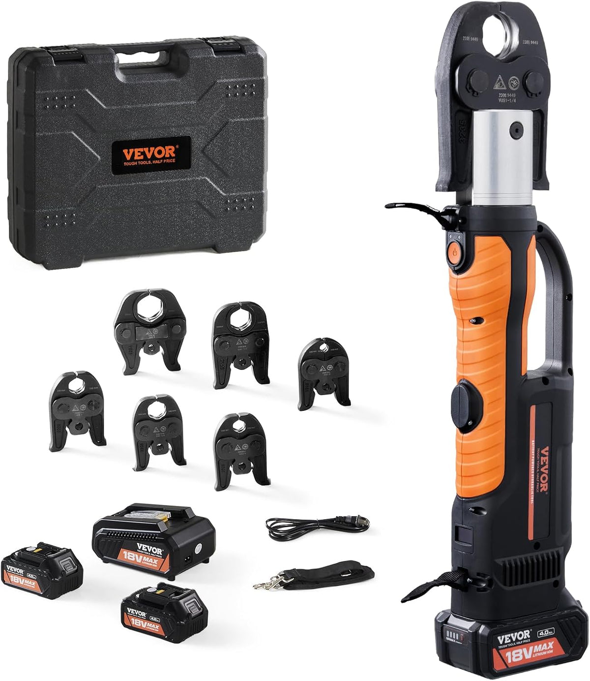 VEVOR 18V electric pipe crimping tool kit with orange and black press tool, six jaws, batteries, charger and carrying case