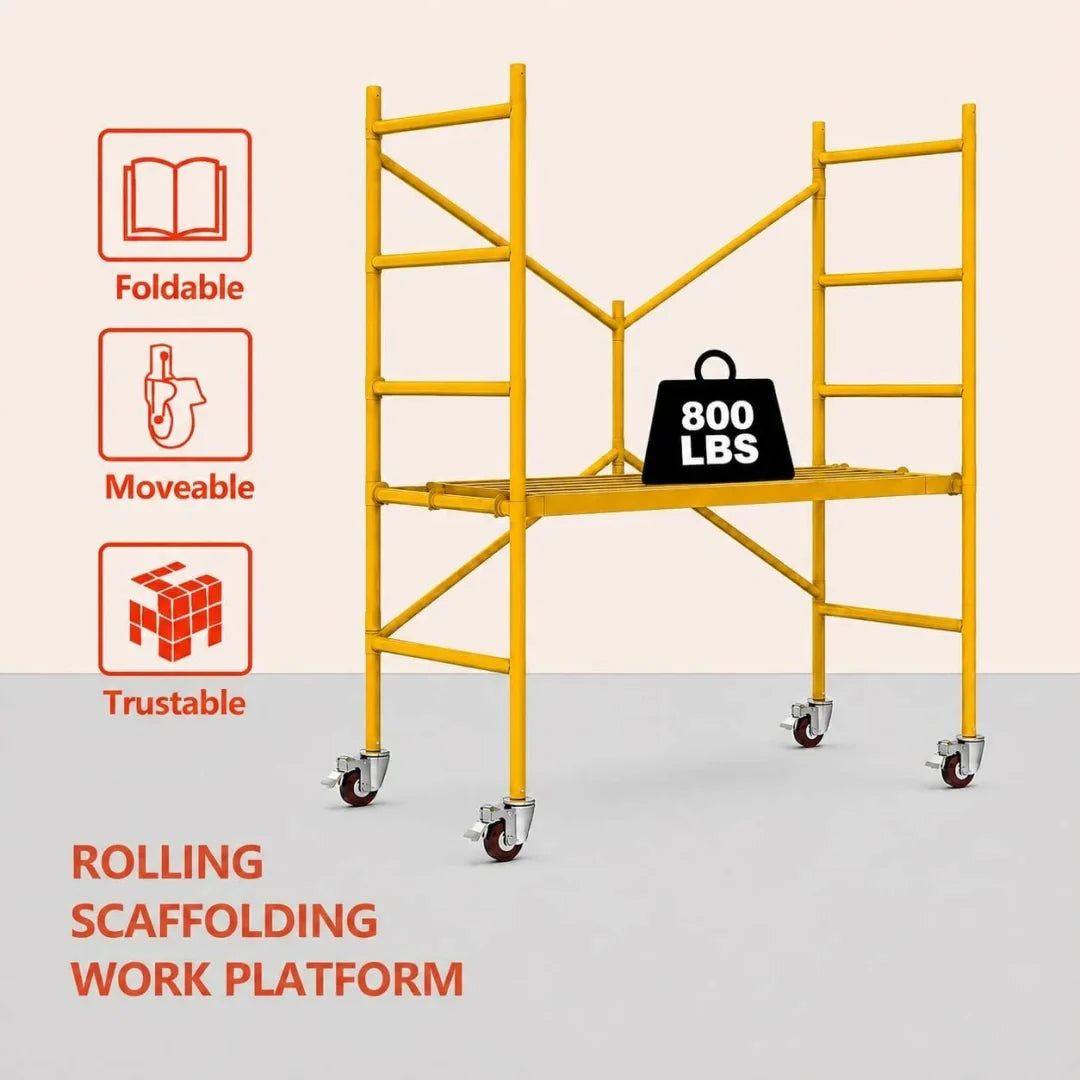 Portable Steel Scaffolding Built with Lockable 4-inch Casters and Reinforced Working Platform.800 lbs Weight Capacity.