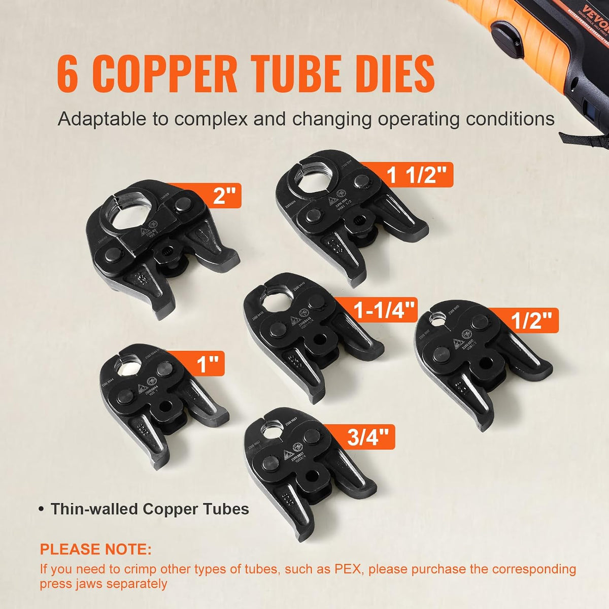 Six VUS copper tube press jaws arranged with clearly labeled nominal sizes from half inch to two inches