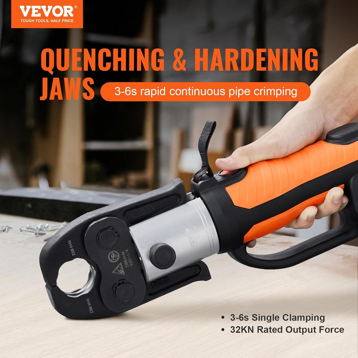VEVOR electric hydraulic pipe crimping tool demonstrating a fast 3 to 6 second pressing cycle and 32KN rated output force