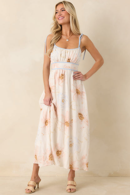 Blooming in Watercolor Ivory Multi Floral Tie Strap Midi Dress