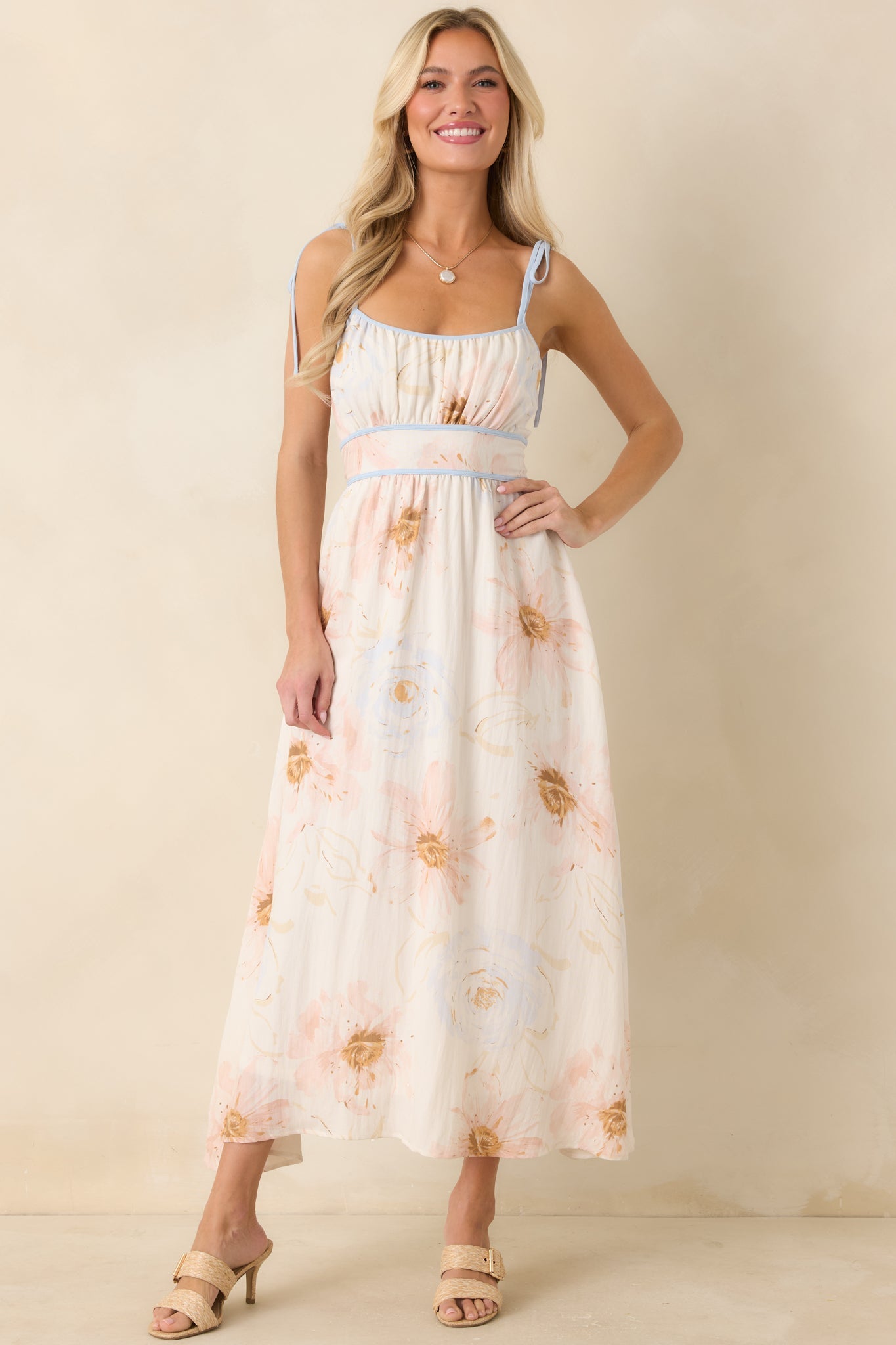 Blooming in Watercolor Ivory Multi Floral Tie Strap Midi Dress