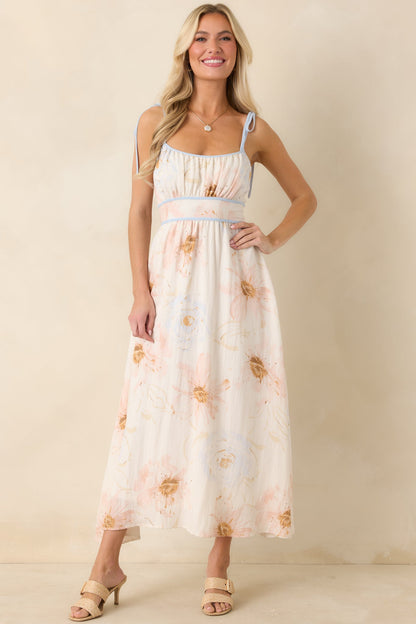 Blooming in Watercolor Ivory Multi Floral Tie Strap Midi Dress