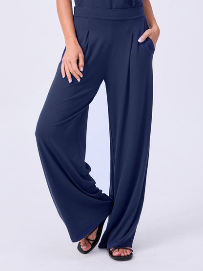 Pleat Front Wide Leg Pants - Navy
