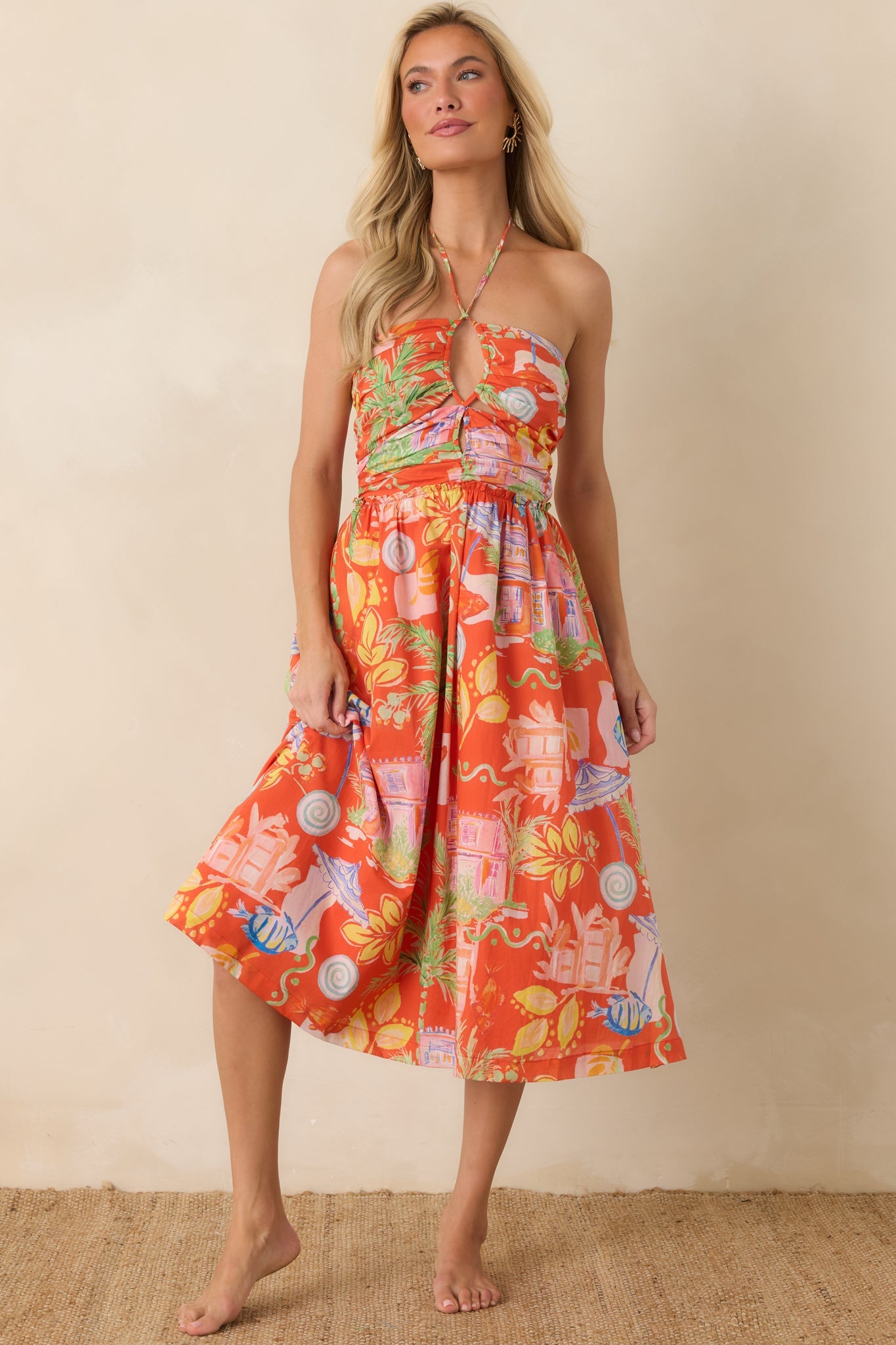 Paradisa Fernandina Orange Multi Cotton Tropical Print Midi Dress