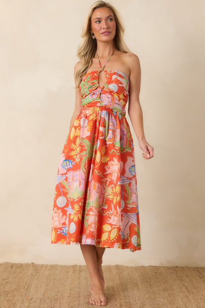Paradisa Fernandina Orange Multi Cotton Tropical Print Midi Dress