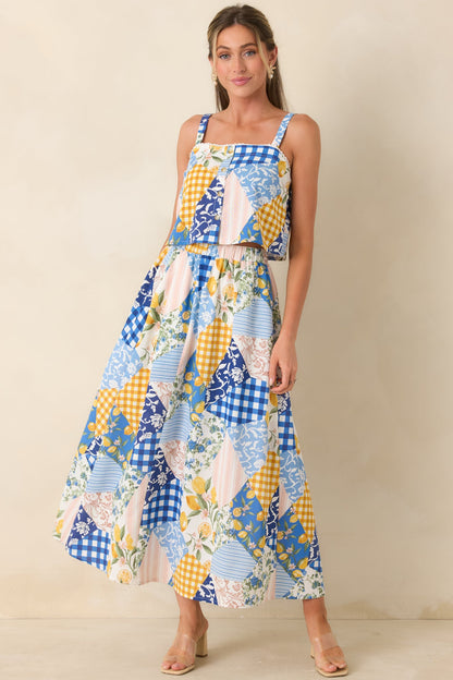 Picnic Plans Blue Multi Patchwork Print Midi Skirt