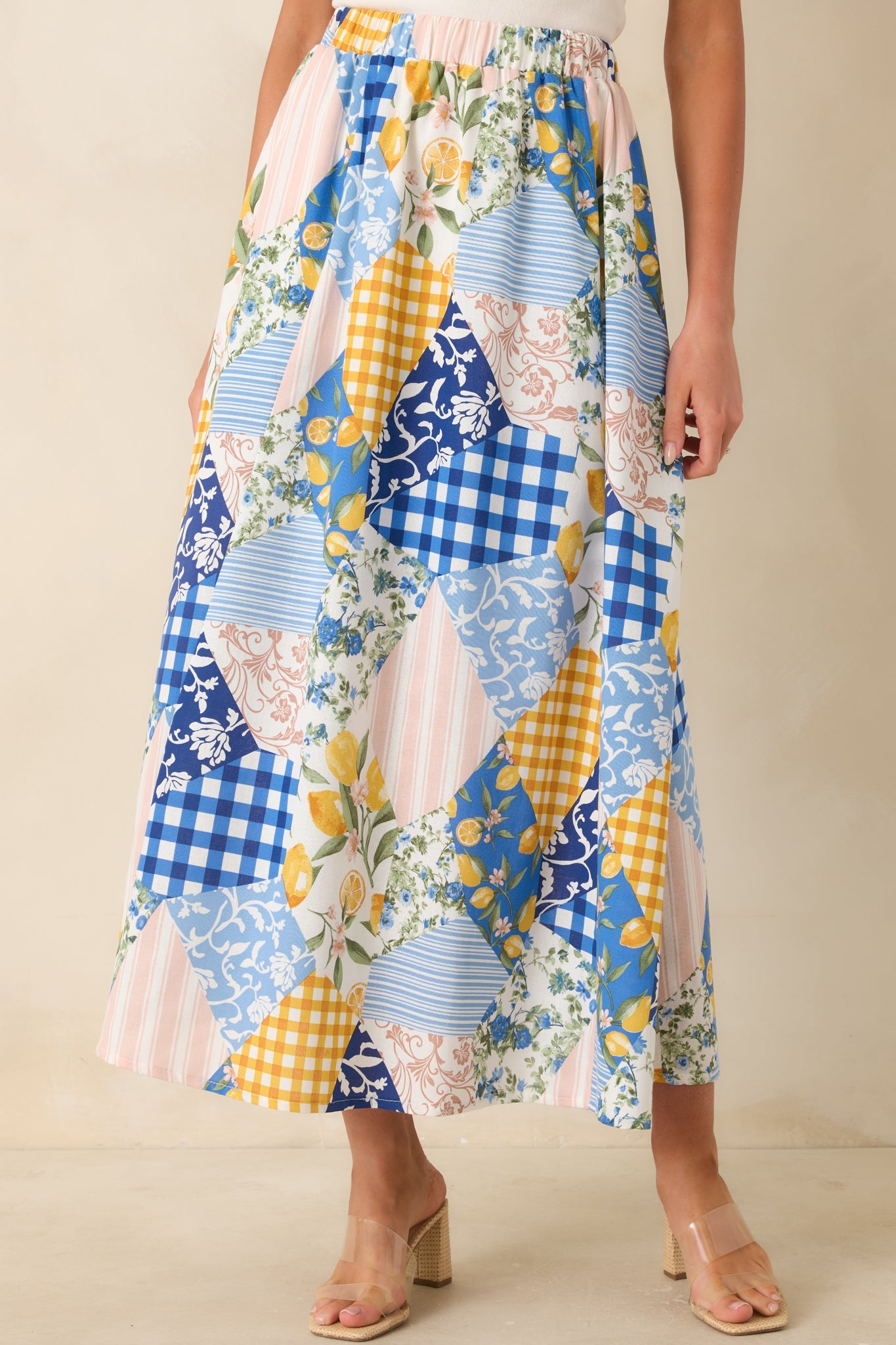 Picnic Plans Blue Multi Patchwork Print Midi Skirt