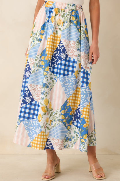 Picnic Plans Blue Multi Patchwork Print Midi Skirt