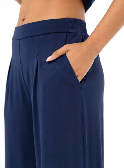Pleat Front Wide Leg Pants - Navy