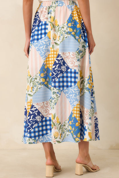 Picnic Plans Blue Multi Patchwork Print Midi Skirt