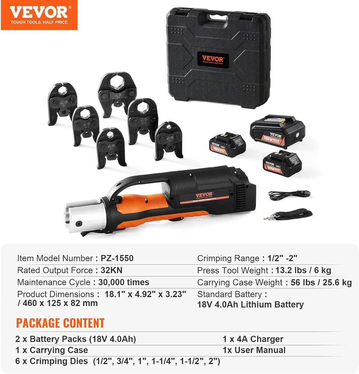 Complete VEVOR 18V electric pipe press kit showing carrying case, press tool, six jaws, two batteries, charger and accessories