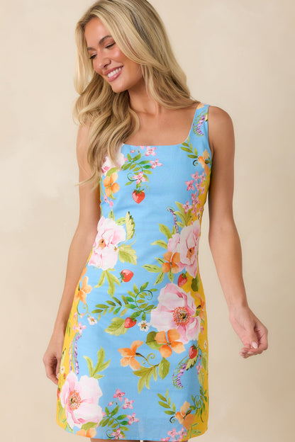 Prosperina Shalon Blue & Yellow Floral Linen Blend Mini Dress
