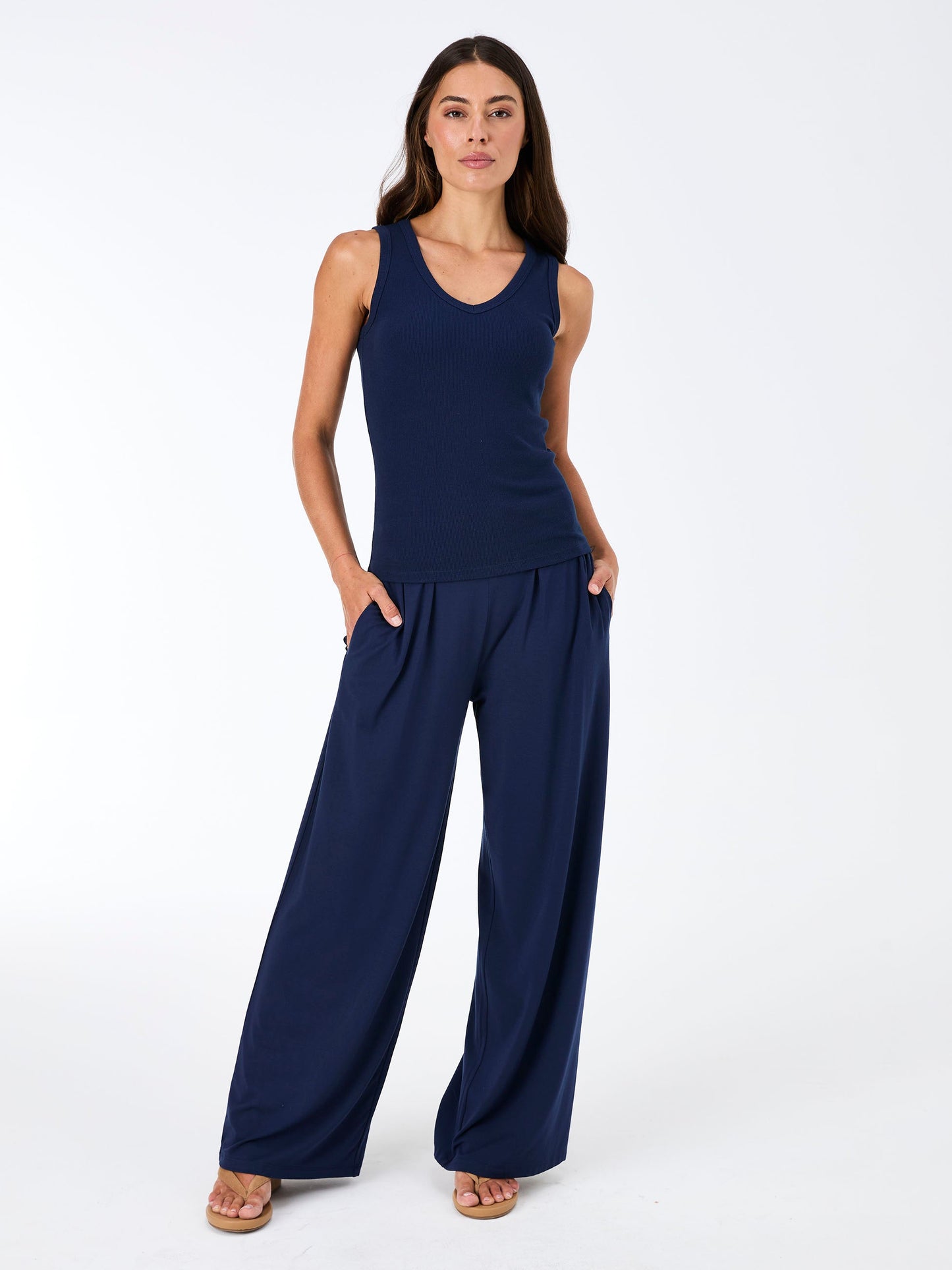 V neck Rib Tank - Navy