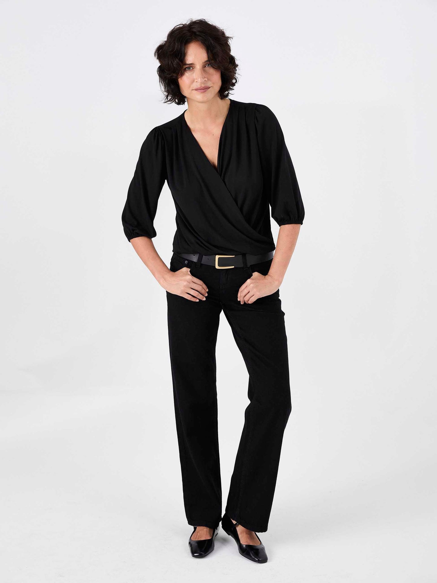 Athena 7/8 Sleeve  Drape Top - Black