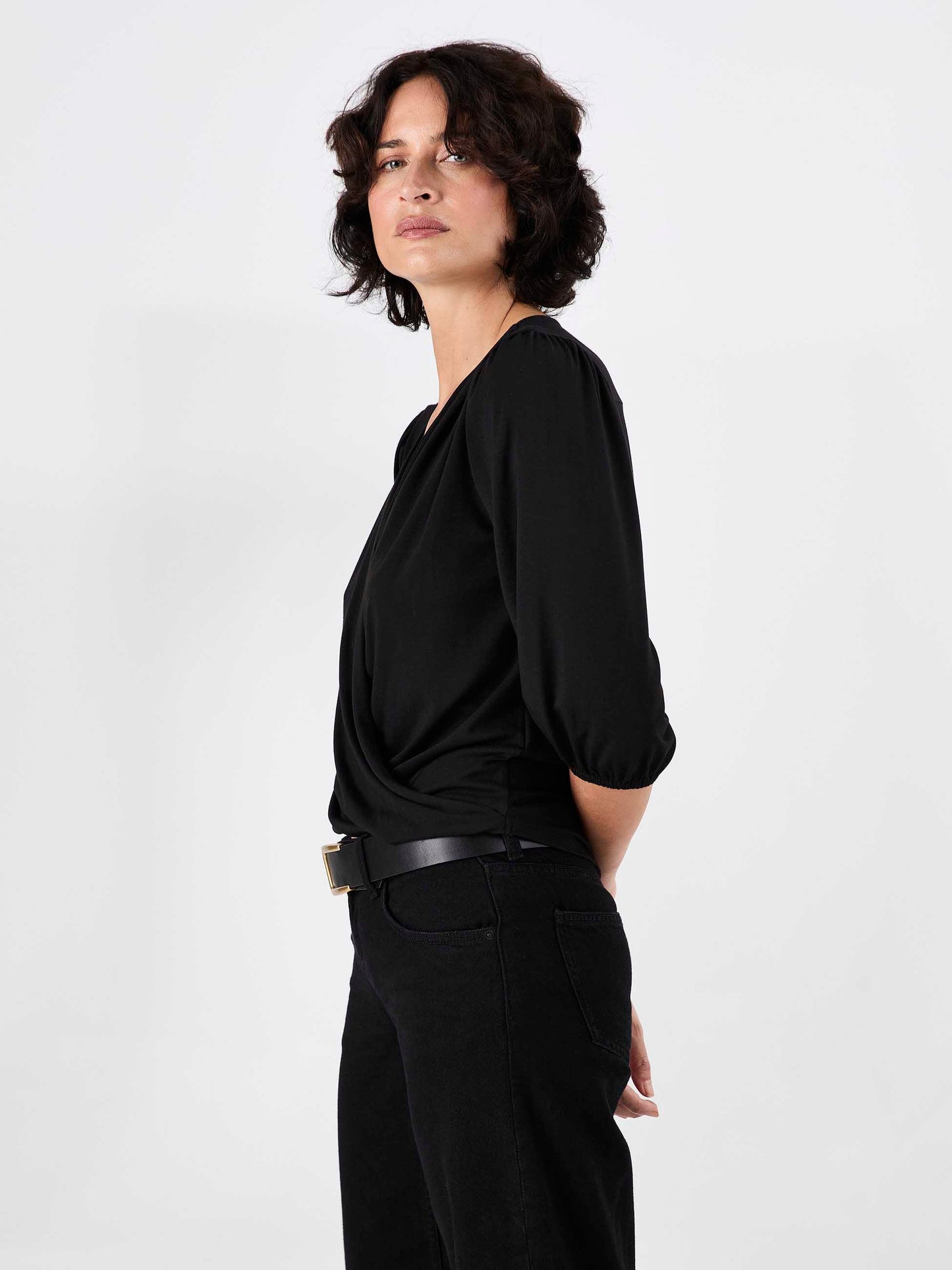 Athena 7/8 Sleeve  Drape Top - Black