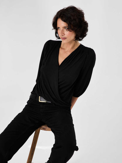 Athena 7/8 Sleeve  Drape Top - Black