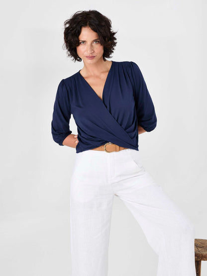 Athena 7/8 Sleeve  Drape Top - Navy