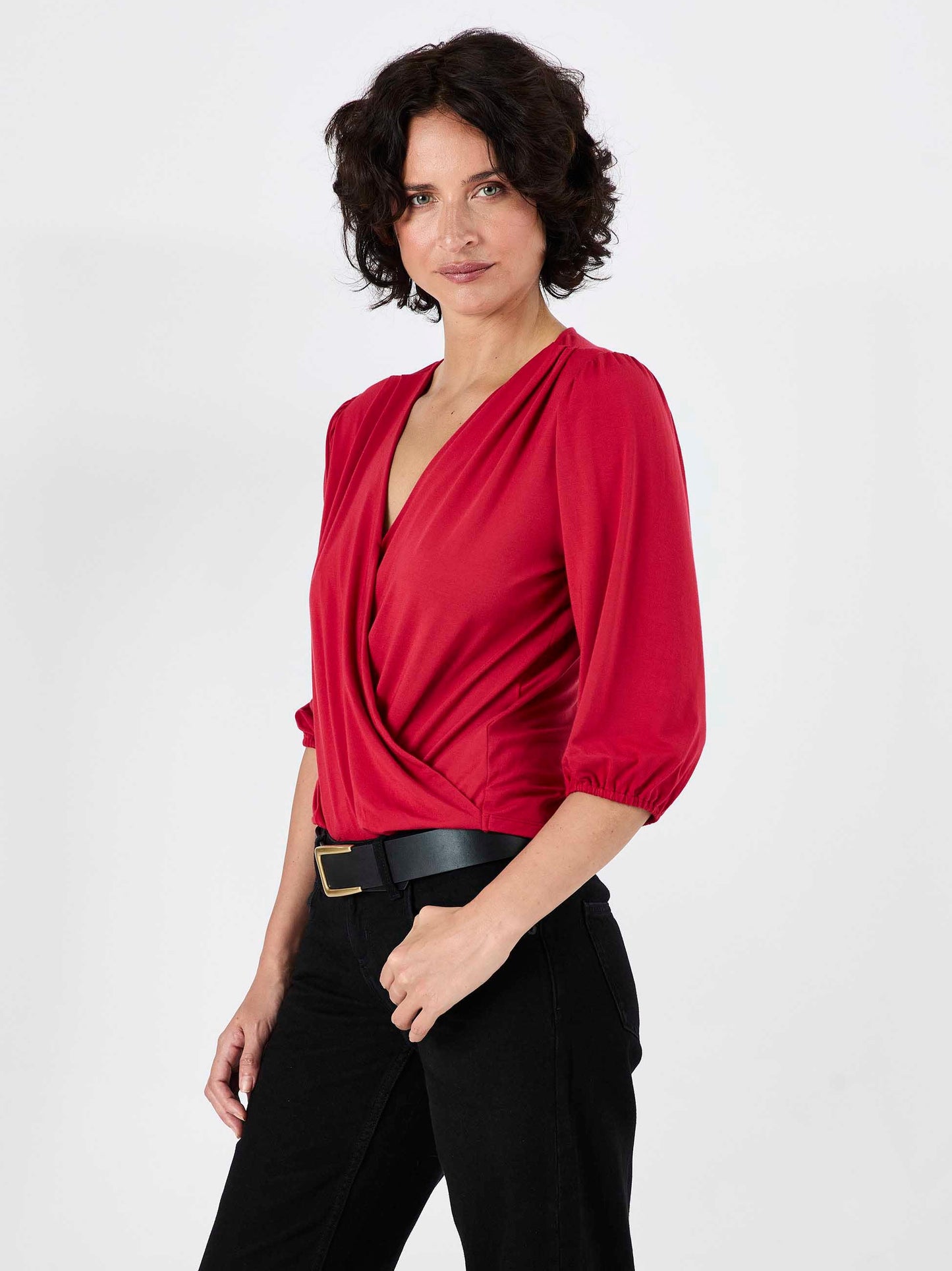Athena 7/8 Sleeve  Drape Top - Cherry