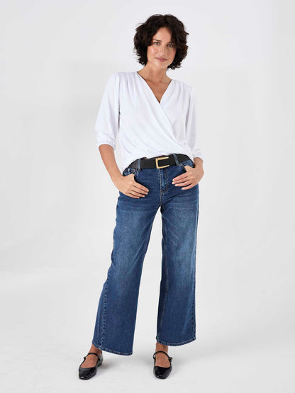 Athena 7/8 Sleeve  Drape Top - White
