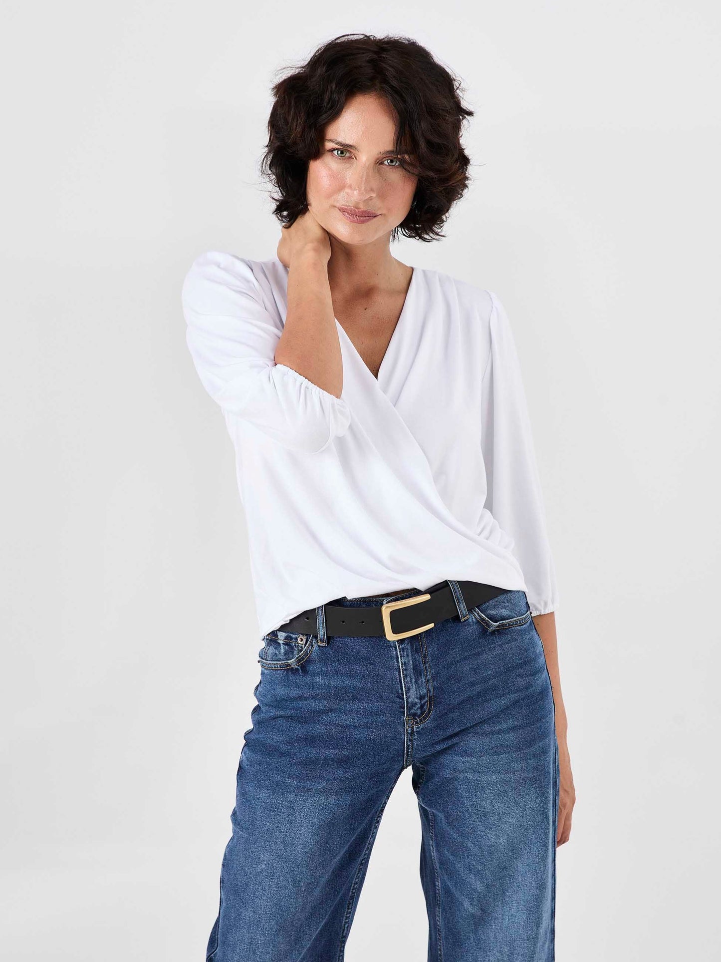 Athena 7/8 Sleeve  Drape Top - White